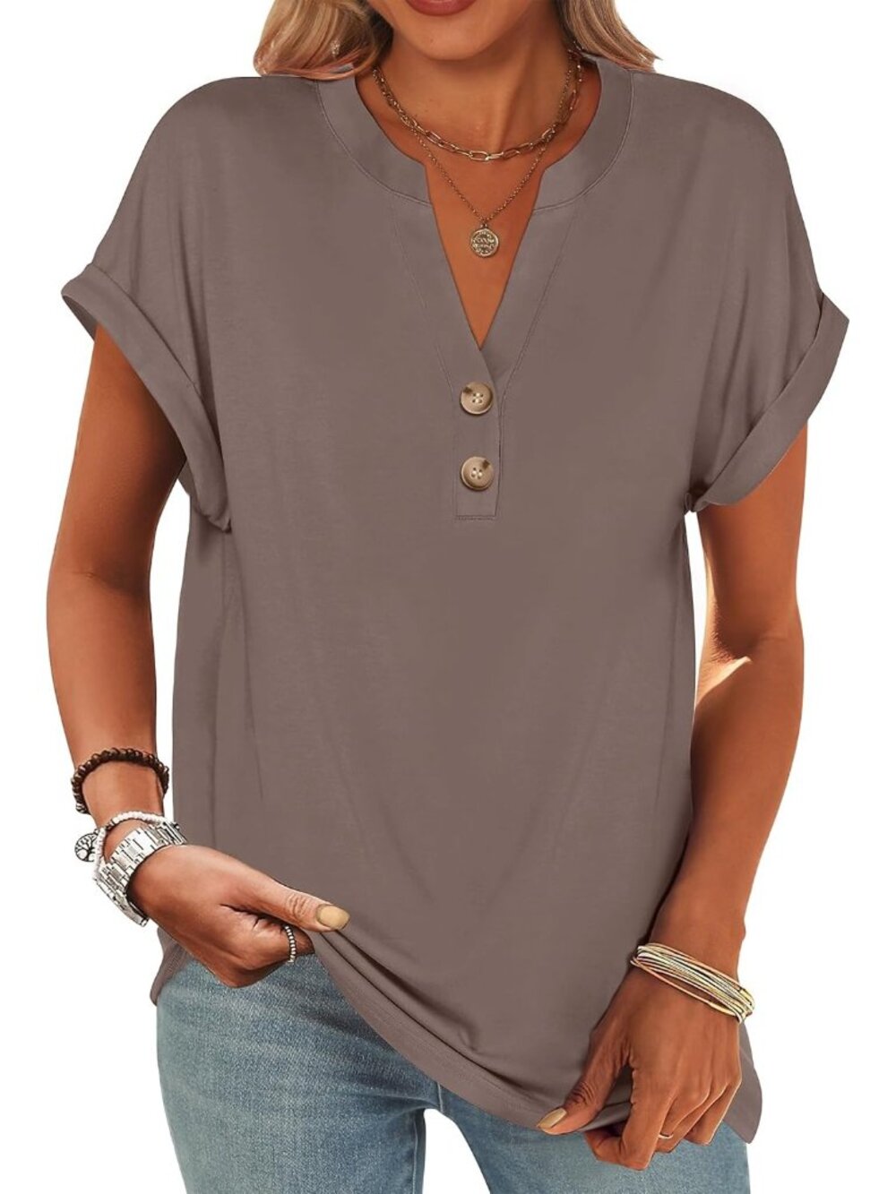 Women's Brown Summer Short Sleeve Henley V Neck Dressy Fashion Top Blouses